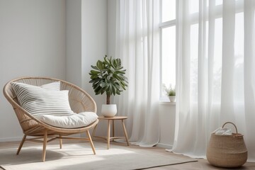 Sheer white curtains on the window of a white living room interior with a striped, linen pillow on a modern wicker chair