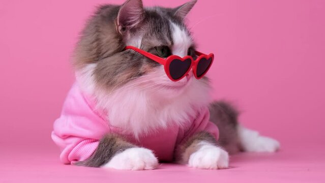 Portrait of a funny fluffy cat wearing heart sunglasses on a pink background. Cute pet for valentine's day, march eighth, wedding.