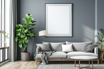 Frame mockup with ISO A paper size, showcasing a living room wall poster mockup against a modern interior design background, presented in a 3D render.