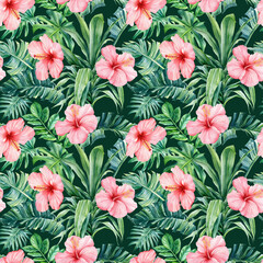 Tropical hibiscus flower, leaf watercolor botanical Seamless pattern. Watercolor tropical background hand drawn flora