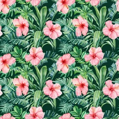 Foto op Plexiglas Tropical hibiscus flower, leaf watercolor botanical Seamless pattern. Watercolor tropical background hand drawn flora © Hanna