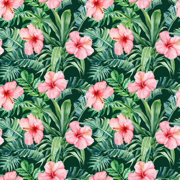 Tropical hibiscus flower, leaf watercolor botanical Seamless pattern. Watercolor tropical background hand drawn flora © Hanna