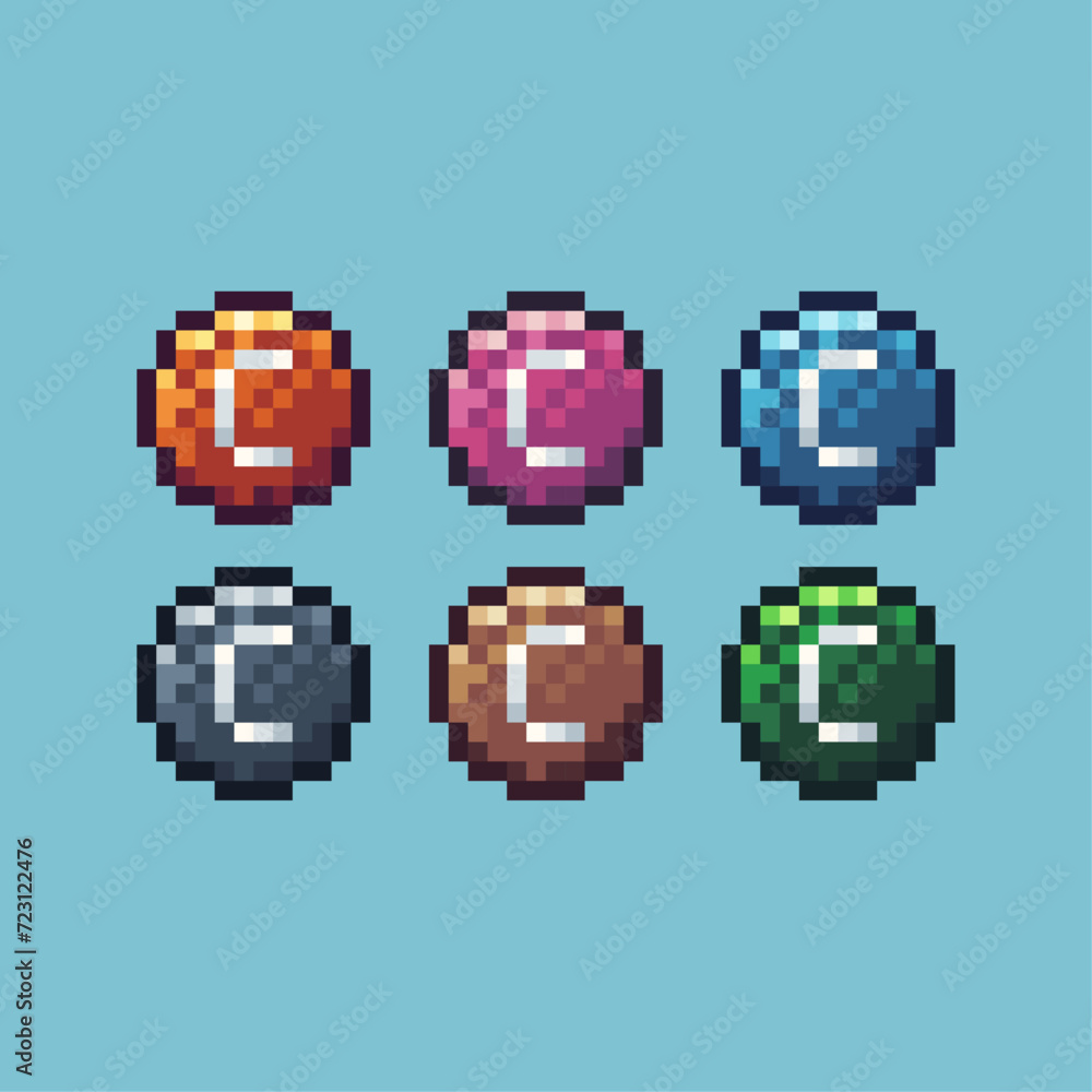 Poster pixel art sets icon of coin game asset variation color. coin icon on pixelated style. 8bits perfect 