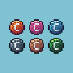 Pixel art sets icon of coin game asset variation color. coin icon on pixelated style. 8bits perfect for game asset or design asset element for your game design. Simple pixel art icon asset.