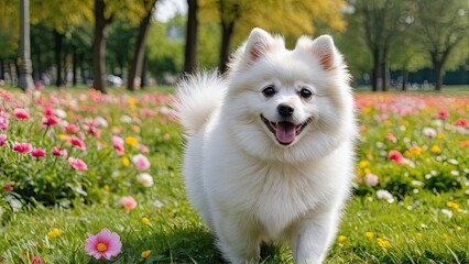 White german spitz dog in flower field