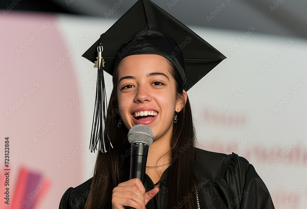 Sticker A jubilant graduate in a black cap and gown speaks into a microphone, her face lit up with a bright, engaging smile. The moment captures the excitement and pride of delivering a speech, Ai generative - Stickers