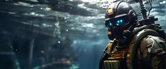 Foto op Plexiglas cyborg soldier fighting in underwater in ocean zone using weapon underwater, Conquer the Seas with Battleships, Warships, and Frigates in an Epic Battle of the Oceans © Monmeo