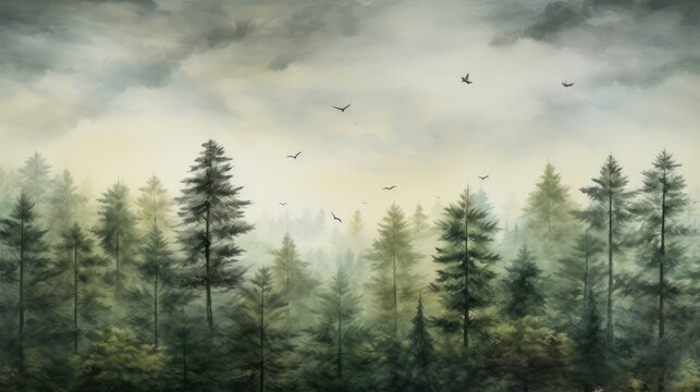 Pine forest in a foggy morning. Natural coolness with cloudy skies. Green spruce trees background wallpaper.