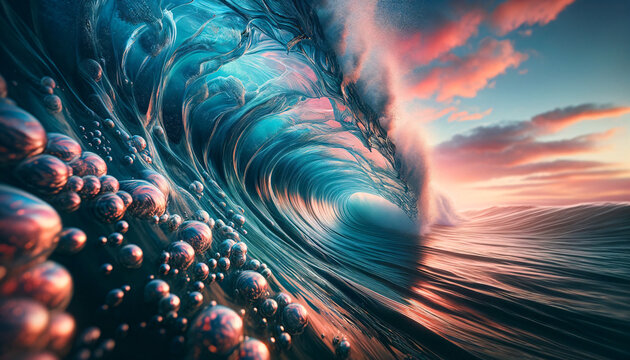 Coucher de soleil sur la mer avec vague sur l’océan, image idéale pour bannière, fond ‘écran arrière-plan