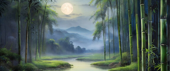 Moonlit Bamboo Forest. A dense bamboo forest bathed in the soft, silvery light of a full moon. The bamboo stalks are tall and slender, swaying gently in the night breeze. The scene conveys a sense of 