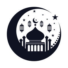 vector flat illustration of simple mosque with crescent moon