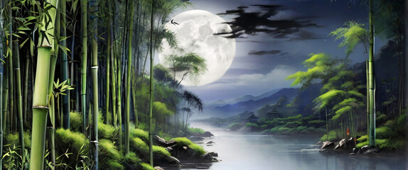 Moonlit Bamboo Forest. A dense bamboo forest bathed in the soft, silvery light of a full moon. The bamboo stalks are tall and slender, swaying gently in the night breeze. The scene conveys a sense of  - obrazy, fototapety, plakaty
