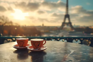 Kussenhoes coffee on table and Eiffel tower in Paris © Dzmitry Halavach
