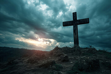 Cross on the hill with dramatic sky background. Cross on the hill.