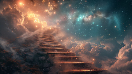 Stairway to heaven with clouds and stars