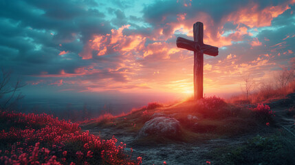 Wooden cross on the top of the mountain with red flowers - obrazy, fototapety, plakaty
