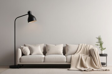Industrial black lamp next to beige couch with blanket and pillows, copy space on empty white wall