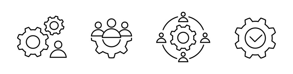 Work process and teamwork with brainstorming line icon set in flat. Success and man in process with cog icons. Meeting symbols on white background. Simple vector illustration for graphic design, web.
