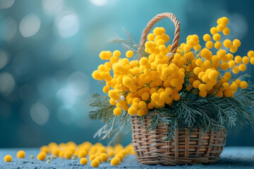 Snowdrops and yellow mimosa flowers in a spring basket set against a blue backdrop.