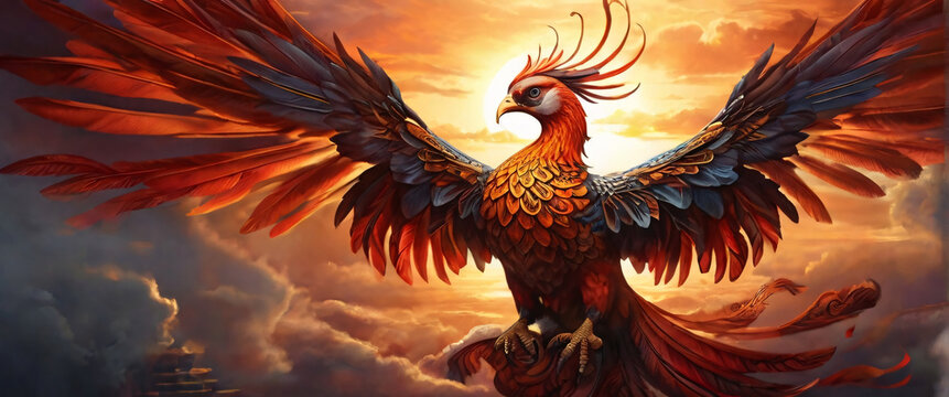 A magnificent phoenix in mid-flight, its wings spread wide against a backdrop of clouds and sun. The feathers are intricately detailed