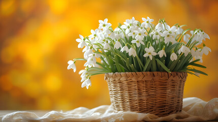 A yellow spring background with a basket of white flowers and snowdrops