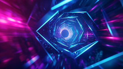 A futuristic presentation background with a neon blue and purple color scheme, featuring a 3D abstract geometric shape in the center