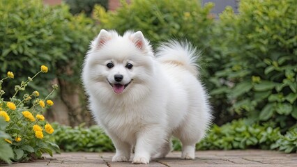 White german spitz dog in the garden