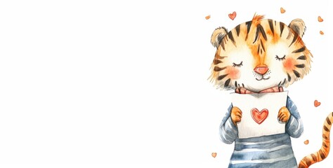 Cute tiger with Valentine's letter. Watercolor illustration with tiger clutching a valentine letter, surrounded by hearts. Copy space for text. Isolated on white. Good for Valentine's day banner, card