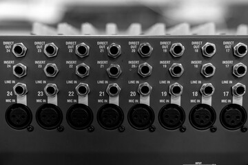 Mixer control. Music engineer. Backstage controls on an audio mixer, Sound mixer. Professional...