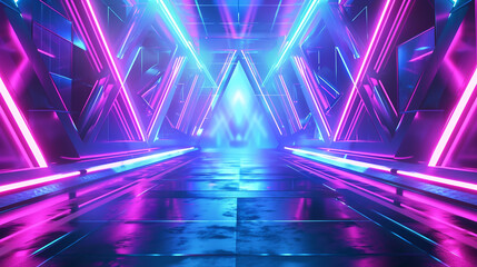 Fototapeta na wymiar A futuristic presentation background with a neon blue and purple color scheme, featuring a 3D abstract geometric shape in the center