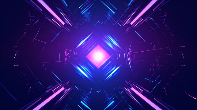 A futuristic presentation background with a neon blue and purple color scheme, featuring a 3D abstract geometric shape in the center © Aisyaqilumar