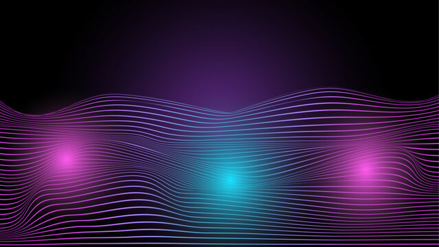 Smooth wave lines on blue neon color light background. Glowing abstract wave on dark, shiny motion, magic space light. Vector techno abstract background, blue color.