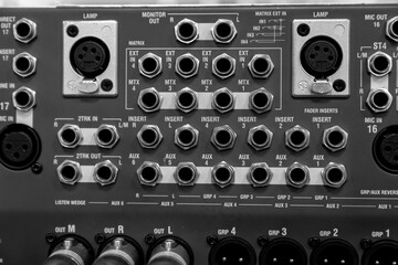 Mixer control. Music engineer. Backstage controls on an audio mixer, Sound mixer. Professional audio mixing console with lights, buttons, faders and sliders. sound check for concert. 