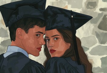 Obraz premium The illustration captures a heartwarming moment between a proud graduate and a supportive family member. The graduate, dressed in a black gown and mortarboard with a tassel, clutches a diploma. Ai gen