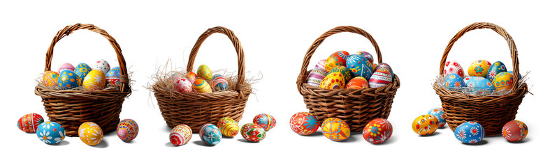 Colorful pattern painted easter eggs inside a wooden basket collection transparent background