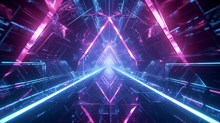 A futuristic presentation background with a neon blue and purple color scheme, featuring a 3D abstract geometric shape in the center
