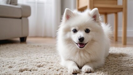 White german spitz dog in the living room