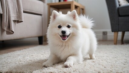 White german spitz dog in the living room