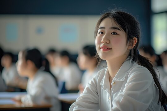 A cheerful scene unfolds in a bright classroom with students wearing traditional Japanese school uniforms. The focus is on a smiling girl with a red bow tie,  Ai generated