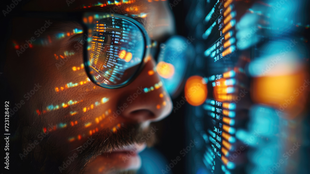 Leinwandbilder Man spectacles, Extreme close up, Focused developer coder looking at programming code data cyber security digital tech reflecting in spectacles developing software program. Generative AI.