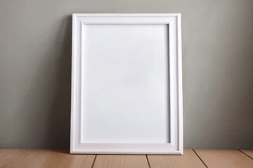 mockup vertical white photo frame on wooden table and gray background