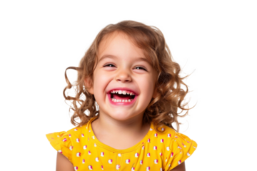 Studio portrait of a cute happy little girl with a beautiful smile isolated on transparent png background.	