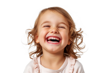 Studio portrait of a cute happy little girl with a beautiful smile isolated on transparent png background.	