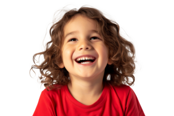 Studio portrait of a cute happy little girl with a beautiful smile isolated on transparent png background.	