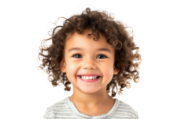 Studio portrait of a cute happy little girl with a beautiful smile isolated on transparent png background.	