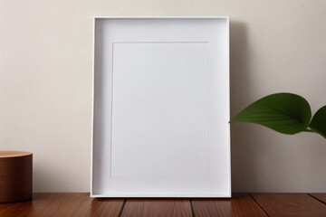 mockup vertical white photo frame with plant background