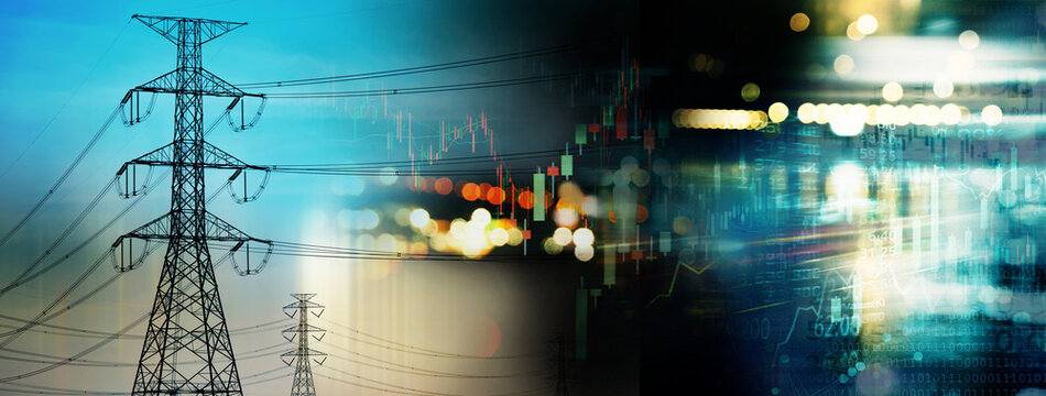 stock market graph with electric pole with blue black energy business banner background