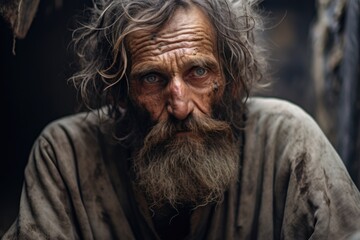 Obraz premium Sad old man with disheveled dirty hair and long beard on the street. Poverty, hunger and fear for the future reflected in his gaze.