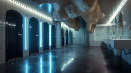 Public toilet with black doors, cave style. Generative AI.