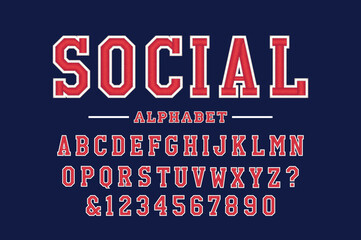 Classic college font. Vintage sport serif font in american style for football, soccer, baseball and basketball. Alphabet and numbers with outline in varsity style - obrazy, fototapety, plakaty